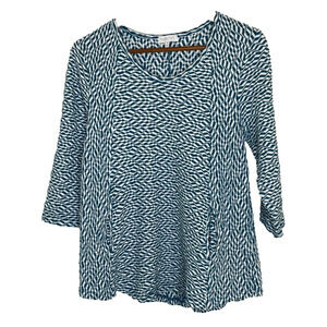 Women Medium Habitat Wave Lagenlook Shirt Blue White Abstract Print Half Sleeve